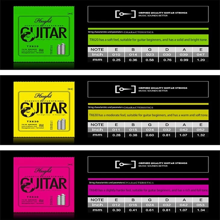 Height TX Acoustic Guitar Strings - Hex Carbon Steel, 75/25 Bronze, Anti-Rust, Bright Sound (1047/1152/1253)